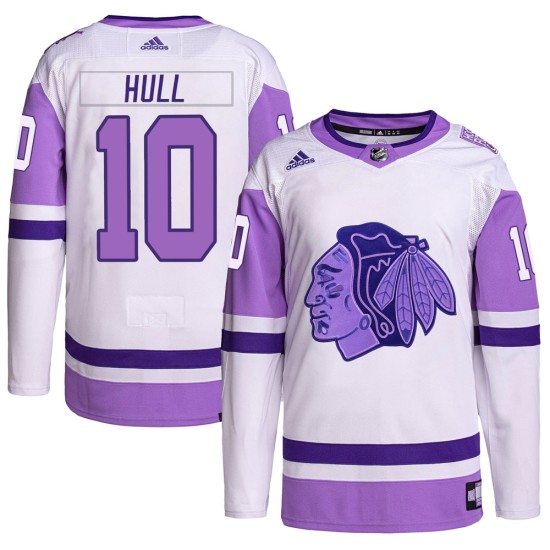Dennis Hull Chicago Blackhawks Adidas Youth Authentic Hockey Fights Cancer Primegreen Jersey - White/Purple