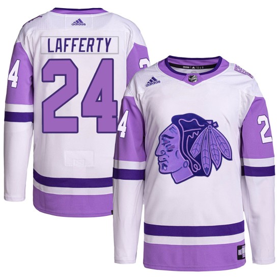 Sam Lafferty Chicago Blackhawks Adidas Youth Authentic Hockey Fights Cancer Primegreen Jersey - White/Purple