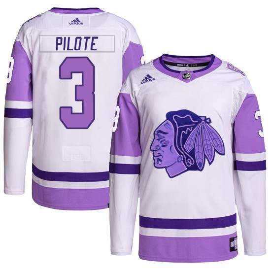 Pierre Pilote Chicago Blackhawks Adidas Youth Authentic Hockey Fights Cancer Primegreen Jersey - White/Purple