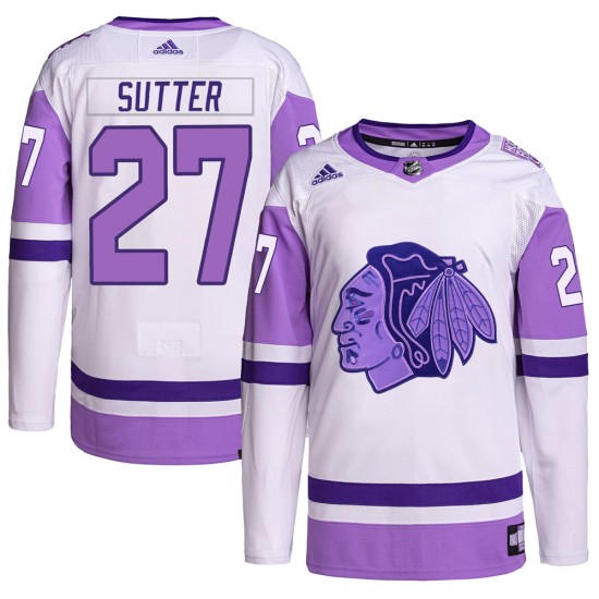 Darryl Sutter Chicago Blackhawks Adidas Youth Authentic Hockey Fights Cancer Primegreen Jersey - White/Purple
